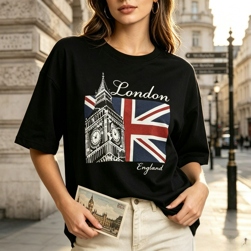 Vintage Fashion London - Camiseta Feminina 100% Algodão com Estampa
